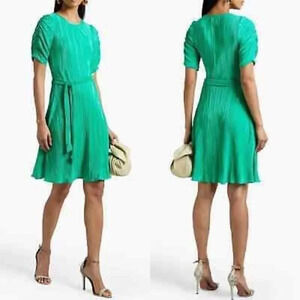 DKNY Belted Plissé-satin Dress - Green- Sz 10